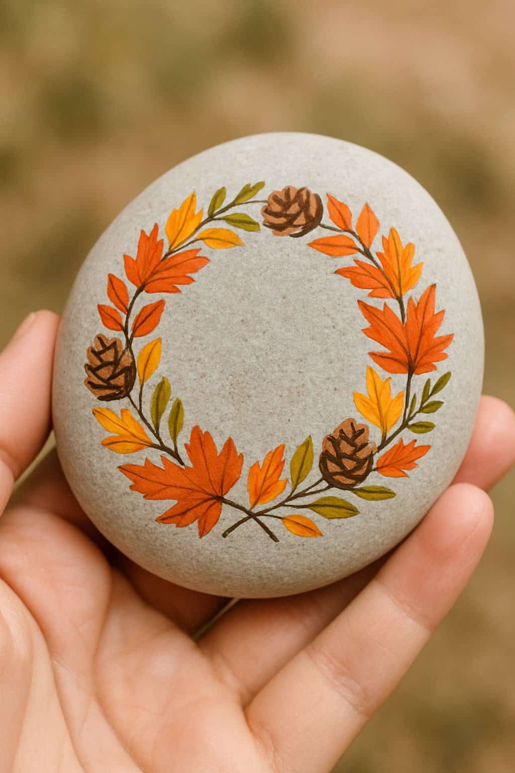 A hand holding a smooth river rock painted with an autumn wreath of pinecones and fall leaves.