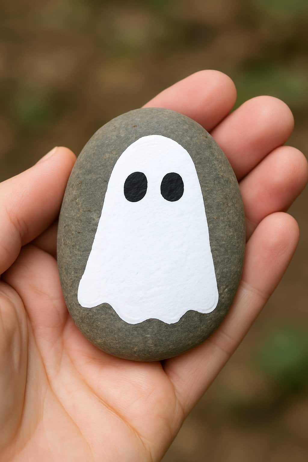 A hand holding a smooth river rock painted with a white ghost with big black eyes.