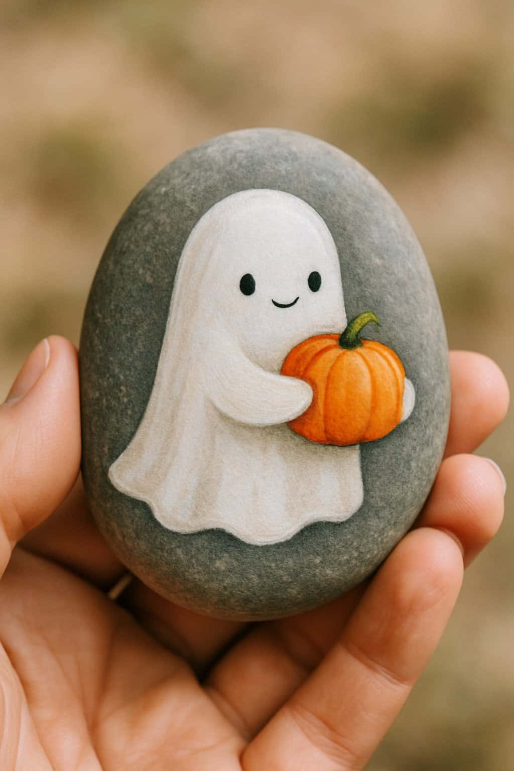 A hand holding a smooth river rock painted with a ghost holding a pumpkin.