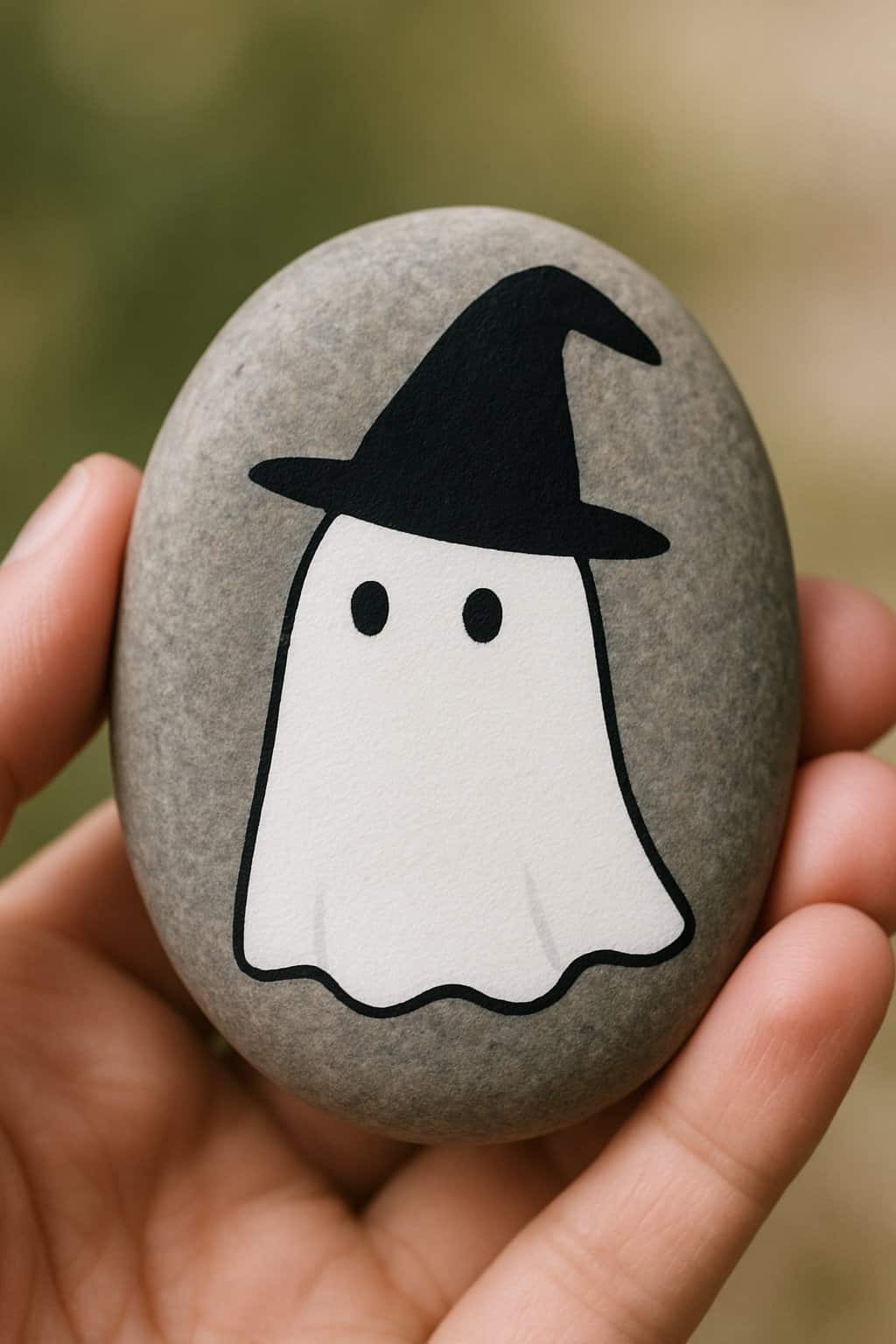 Hand holding a smooth river rock painted with a white ghost wearing a black witch hat.