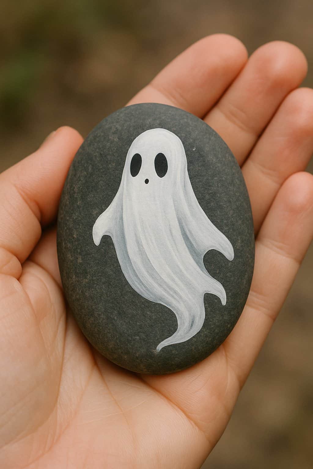 A hand holding a smooth river rock painted with a simple ghost design.