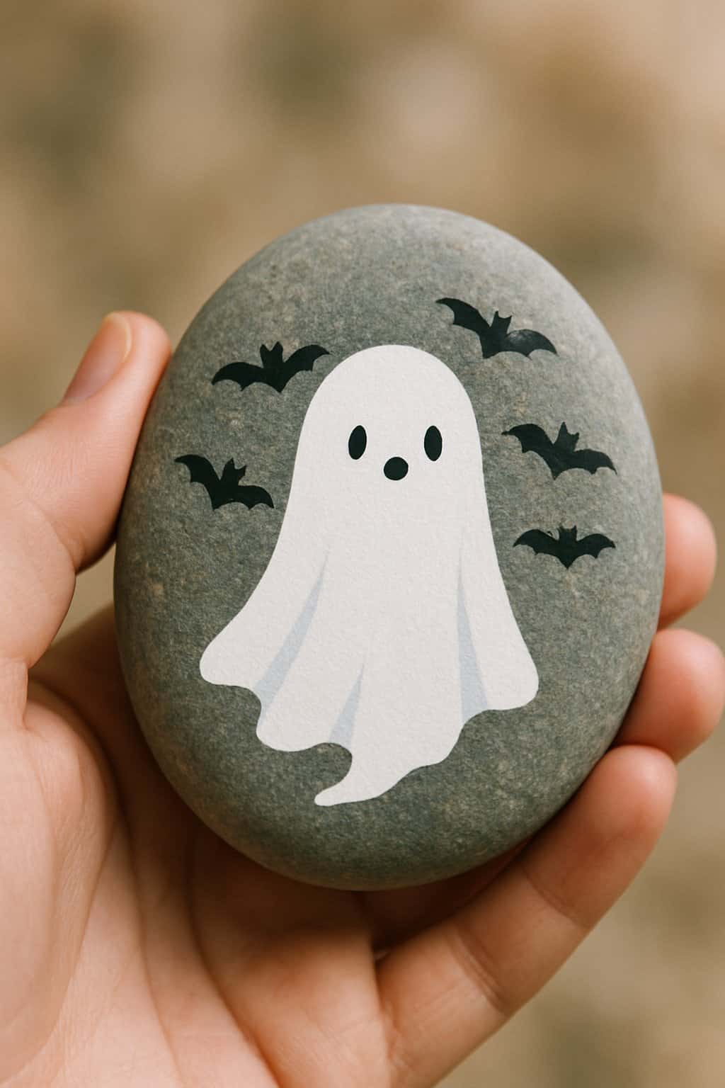 A hand holding a smooth river rock painted with a ghost and floating bats.