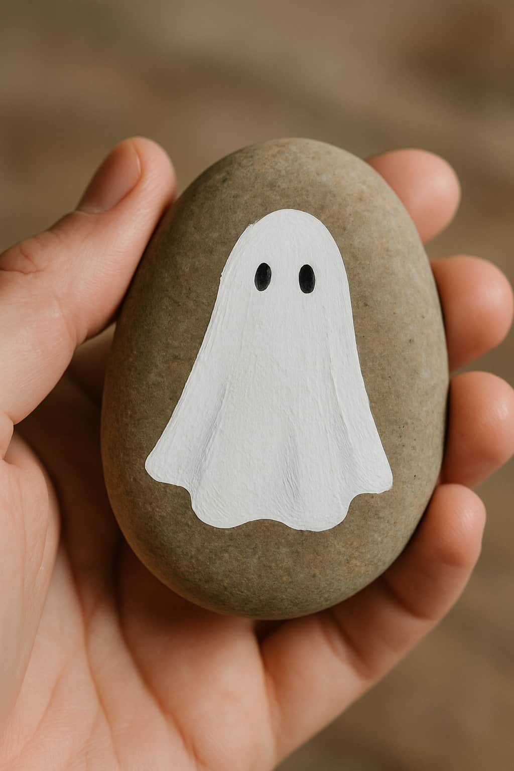 A hand holding a smooth river rock painted with a simple ghost silhouette design.