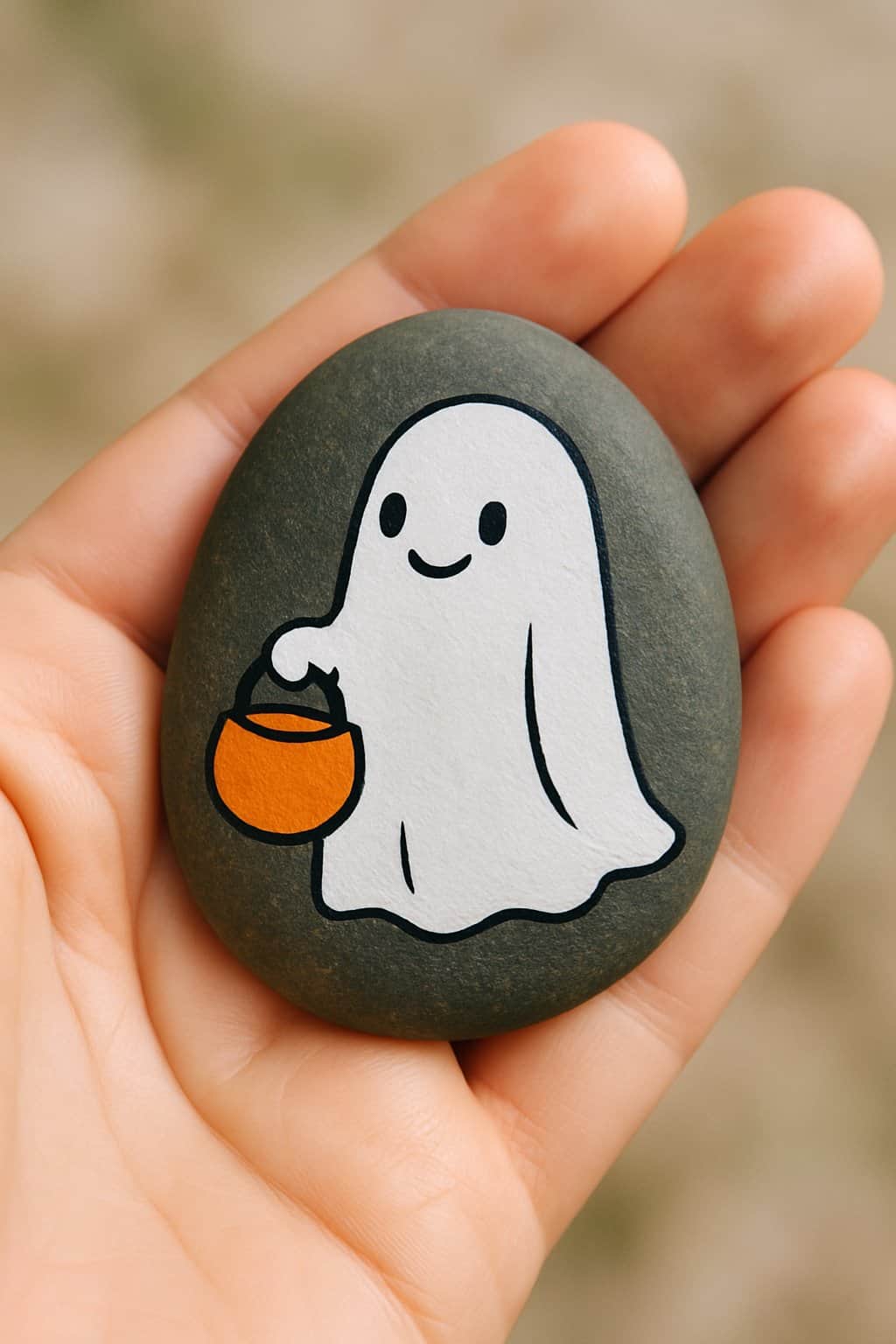 A hand holding a smooth river rock painted with a white ghost holding an orange candy bucket.