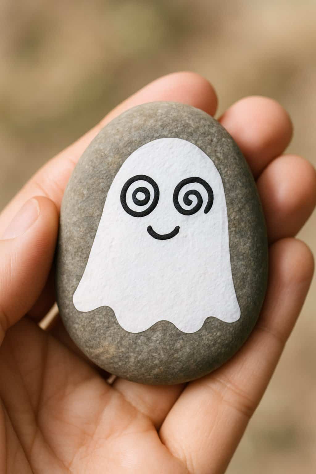 A hand holding a smooth river rock painted with a ghost design featuring swirly eyes.