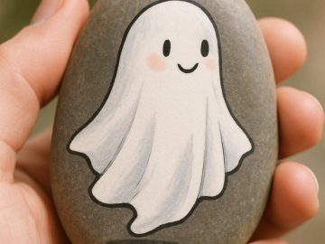 A hand holds a smooth stone with a cute, smiling ghost painted on it. The ghost has rosy cheeks, black eyes, and a flowing white sheet body, appearing cheerful and friendly.