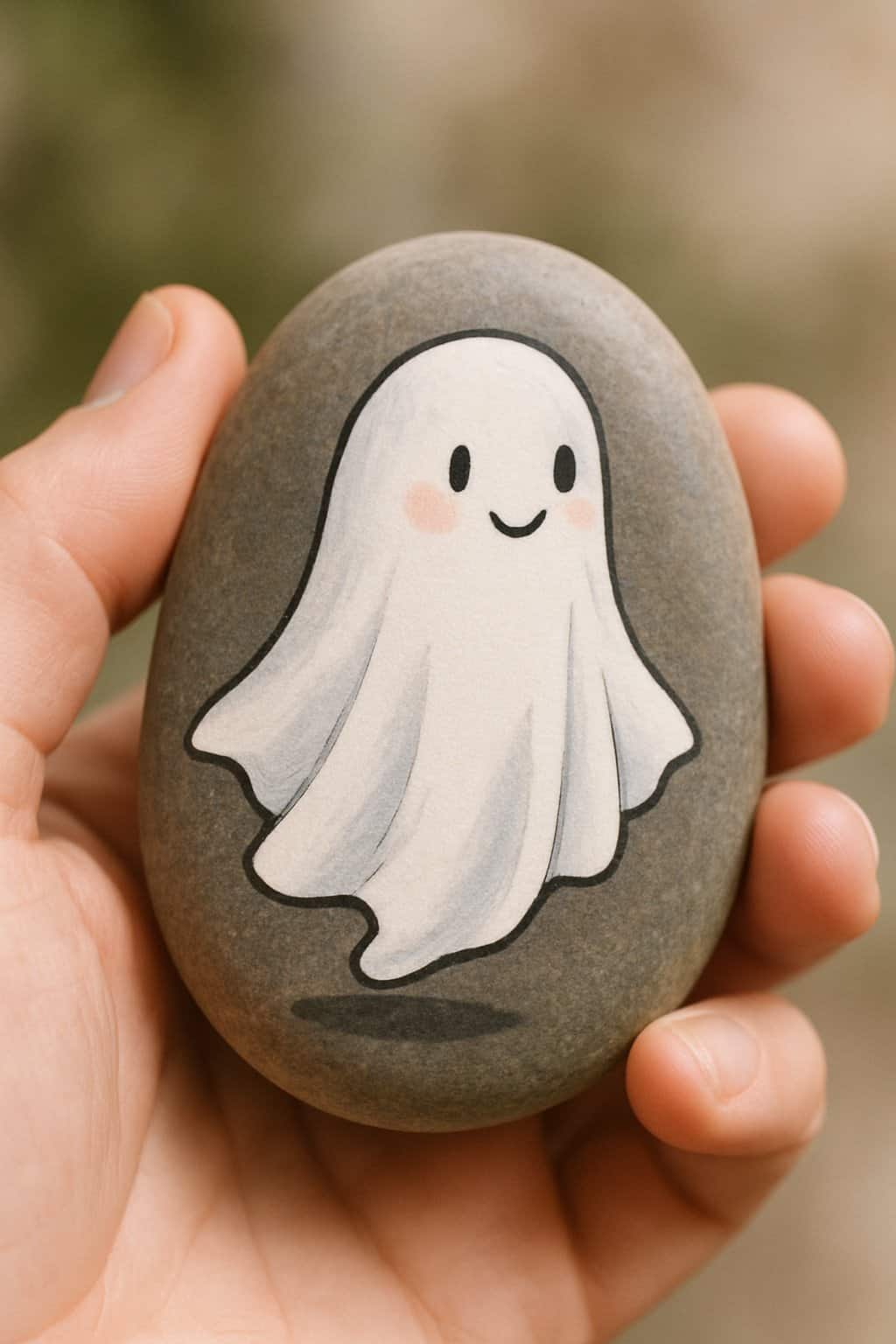 A hand holding a smooth river rock painted with a simple ghost design.