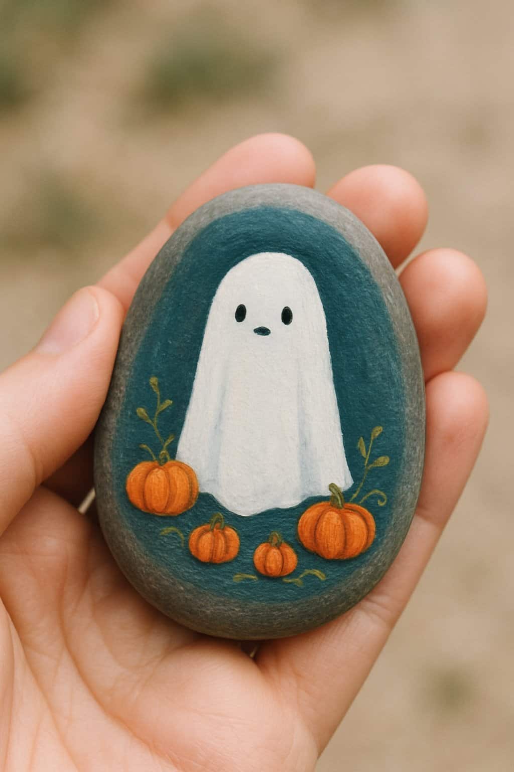 A hand holding a smooth river rock painted with a ghost surrounded by small pumpkins.