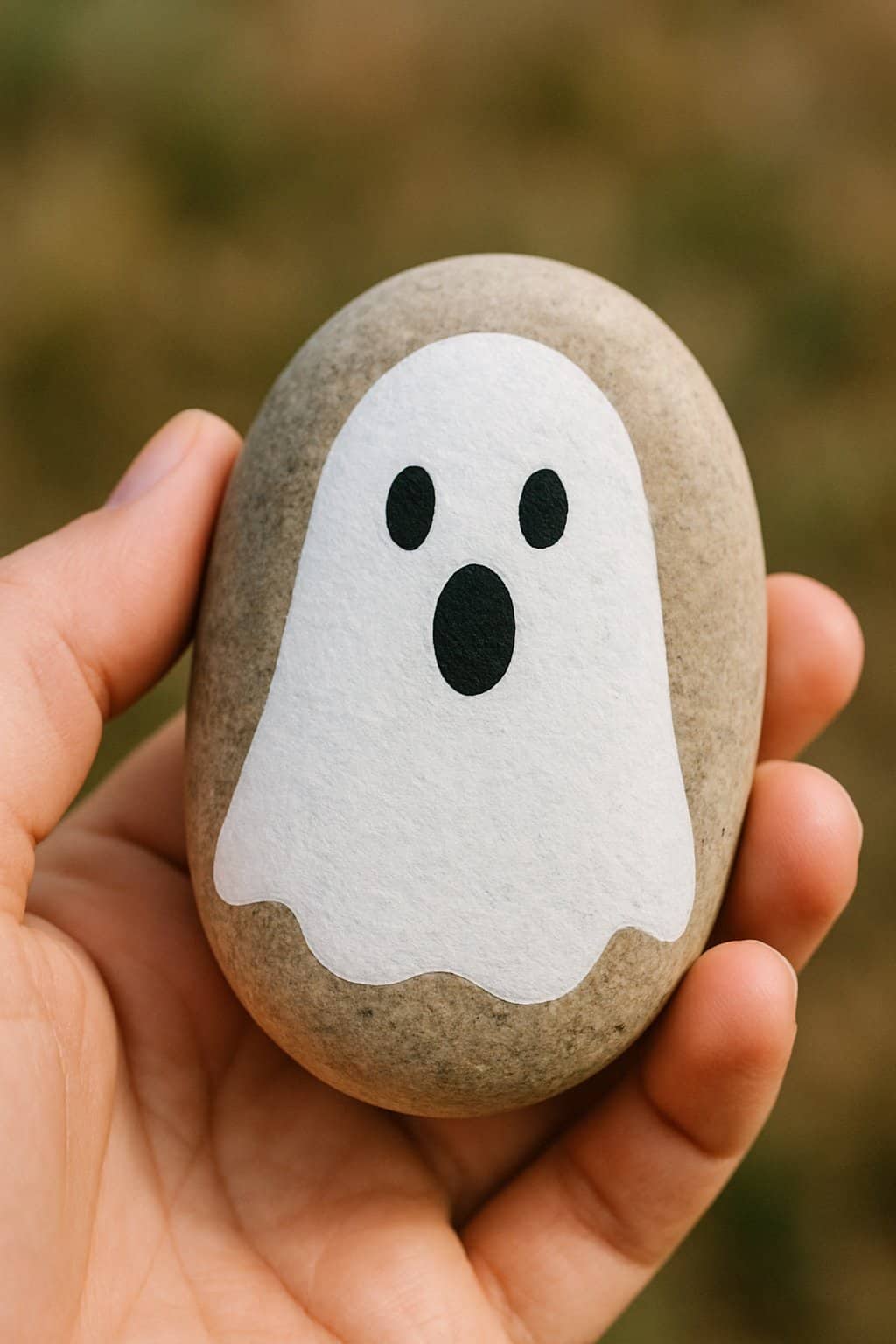 A hand holding a smooth river rock painted with a surprised ghost face.