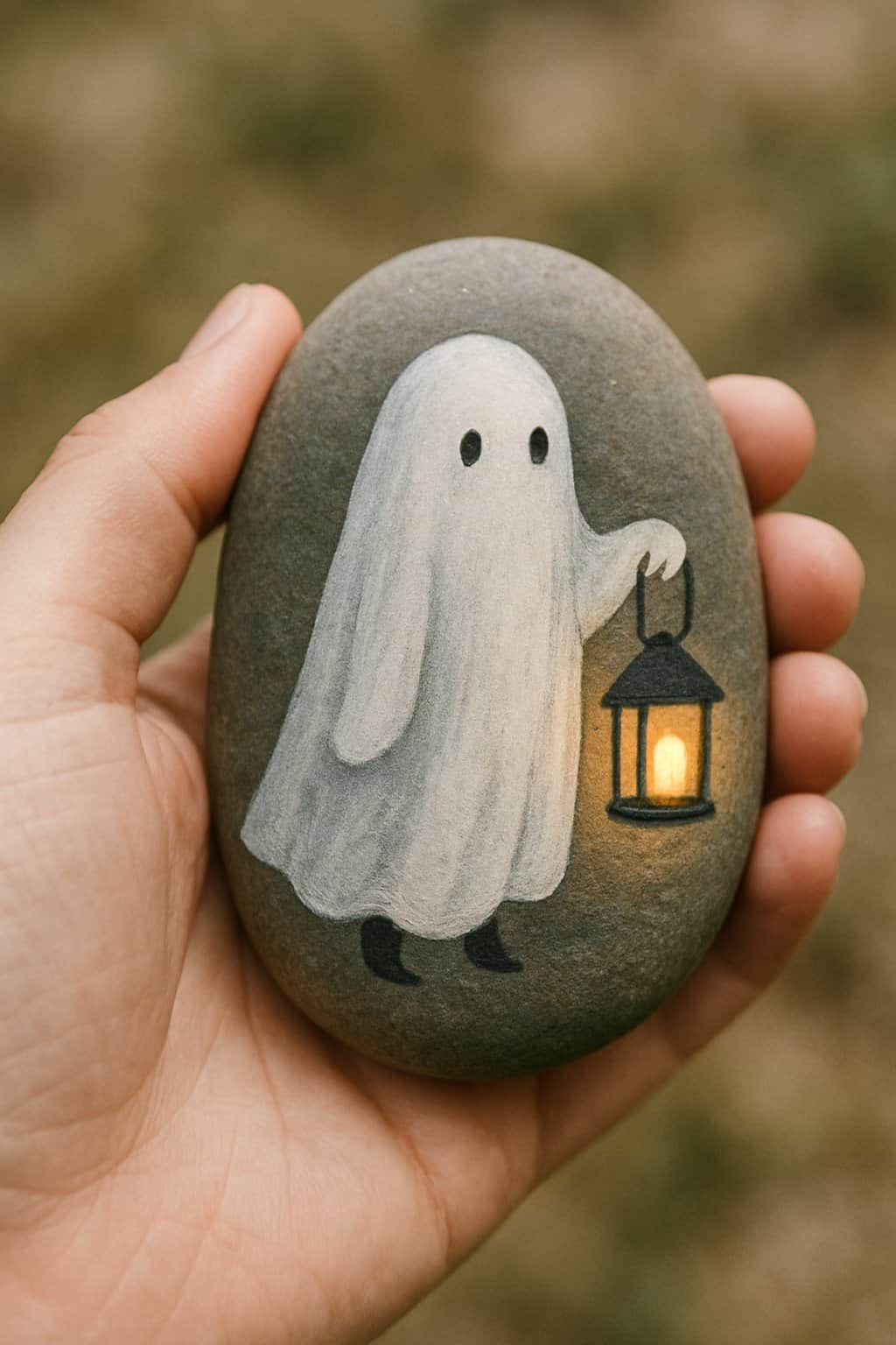A hand holding a smooth river rock painted with a ghost holding a lantern.