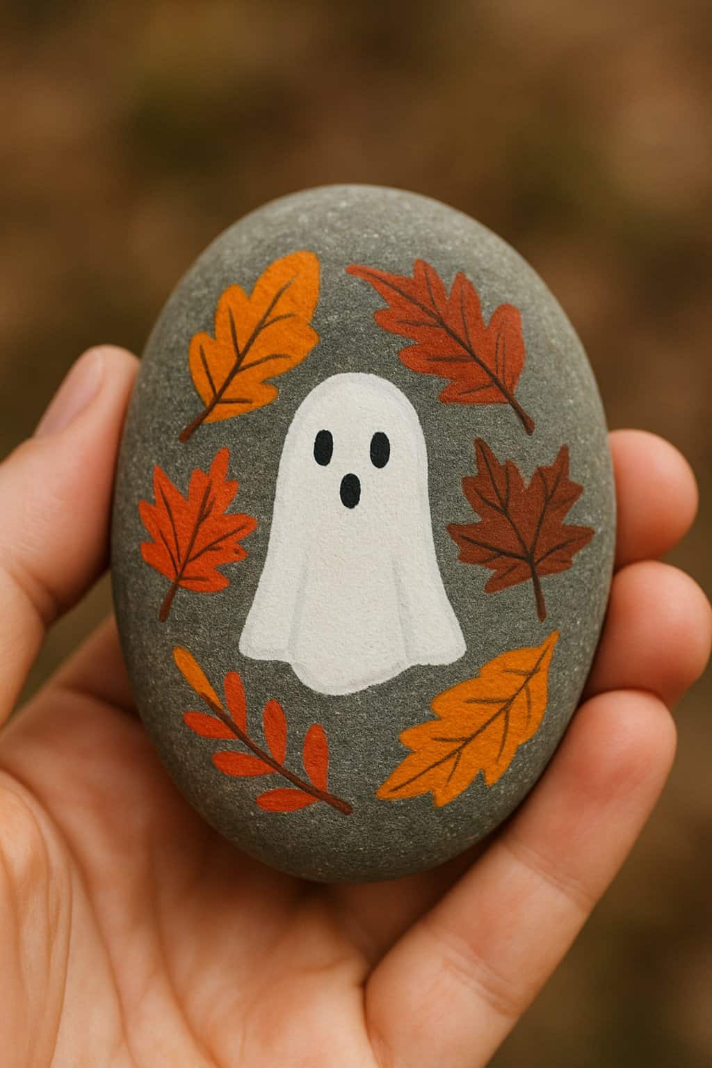 A hand holding a smooth river rock painted with a ghost and fall leaves design.