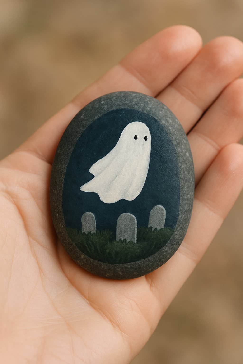 A hand holding a smooth river rock painted with a white ghost floating over gravestones.