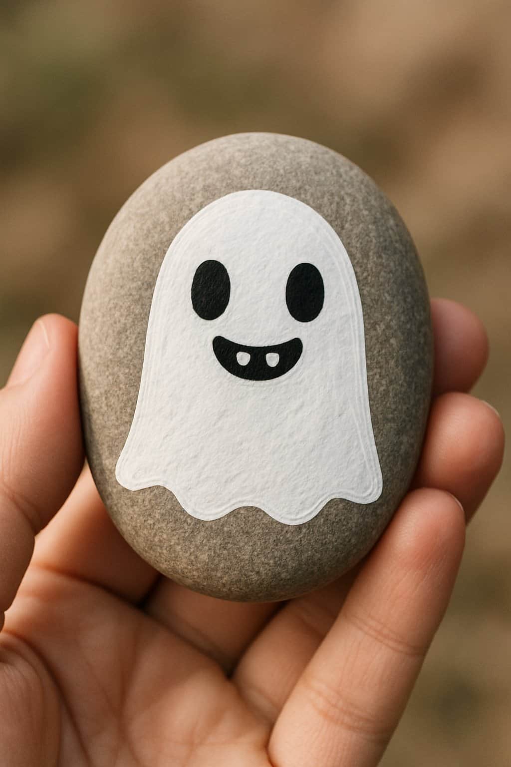A hand holding a smooth river rock painted with a cute ghost featuring a toothy grin.