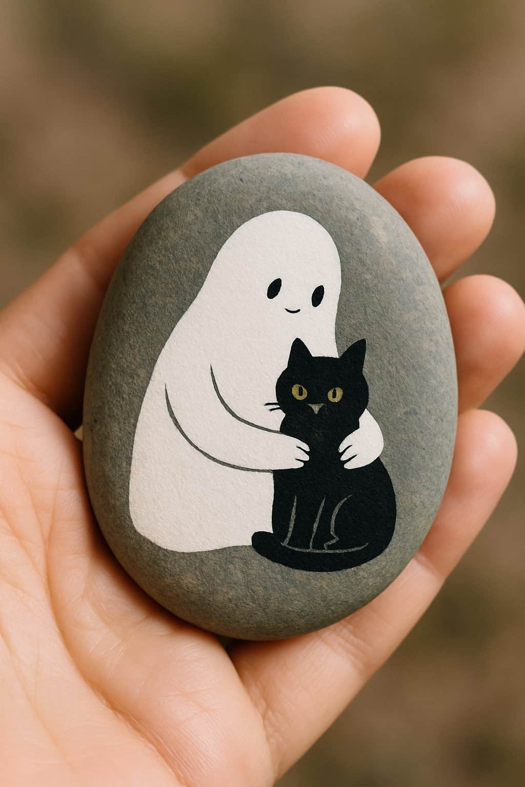 A hand holding a smooth river rock painted with a white ghost holding a black cat.