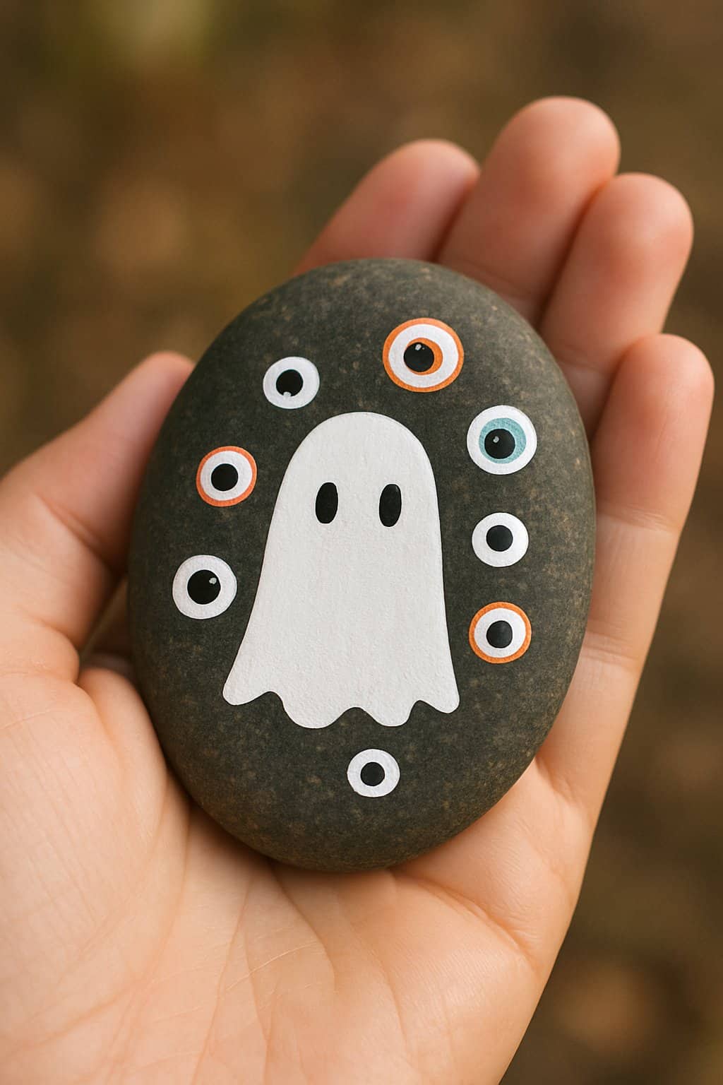 A hand holding a smooth river rock painted with a white ghost surrounded by spooky eyeballs.