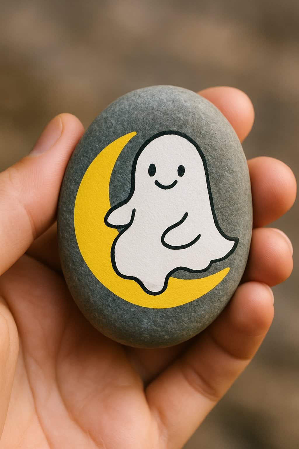 A hand holding a smooth river rock painted with a happy ghost sitting on a crescent moon.