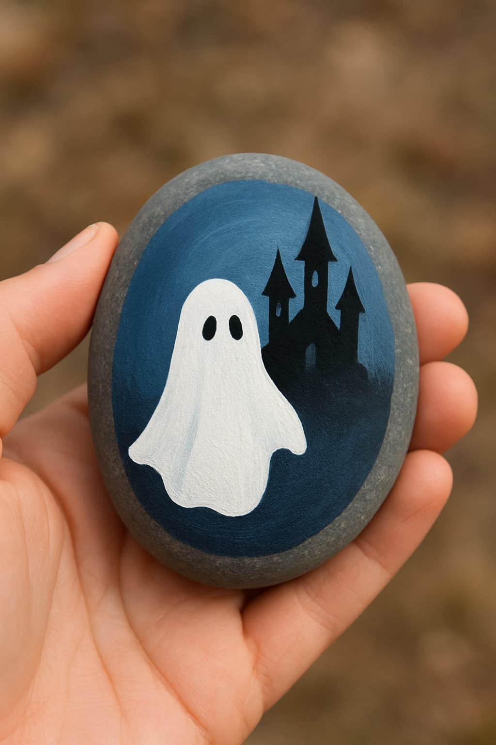 A hand holding a smooth river rock painted with a white ghost and a spooky castle silhouette.