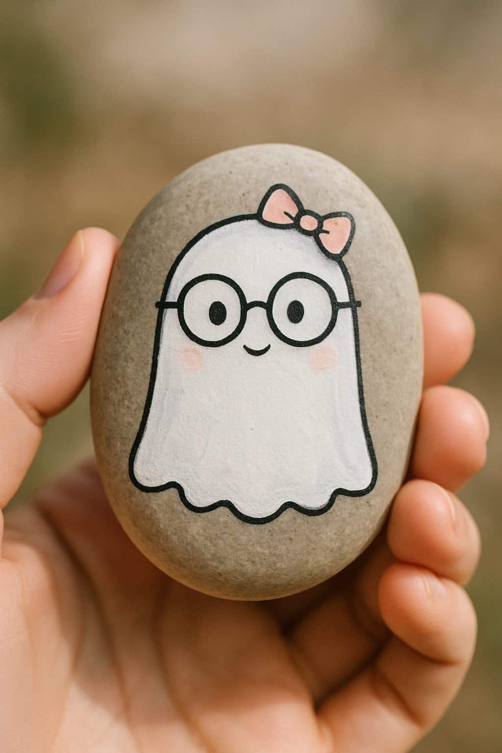 A hand holding a smooth river rock painted with a white ghost wearing glasses and a bow.