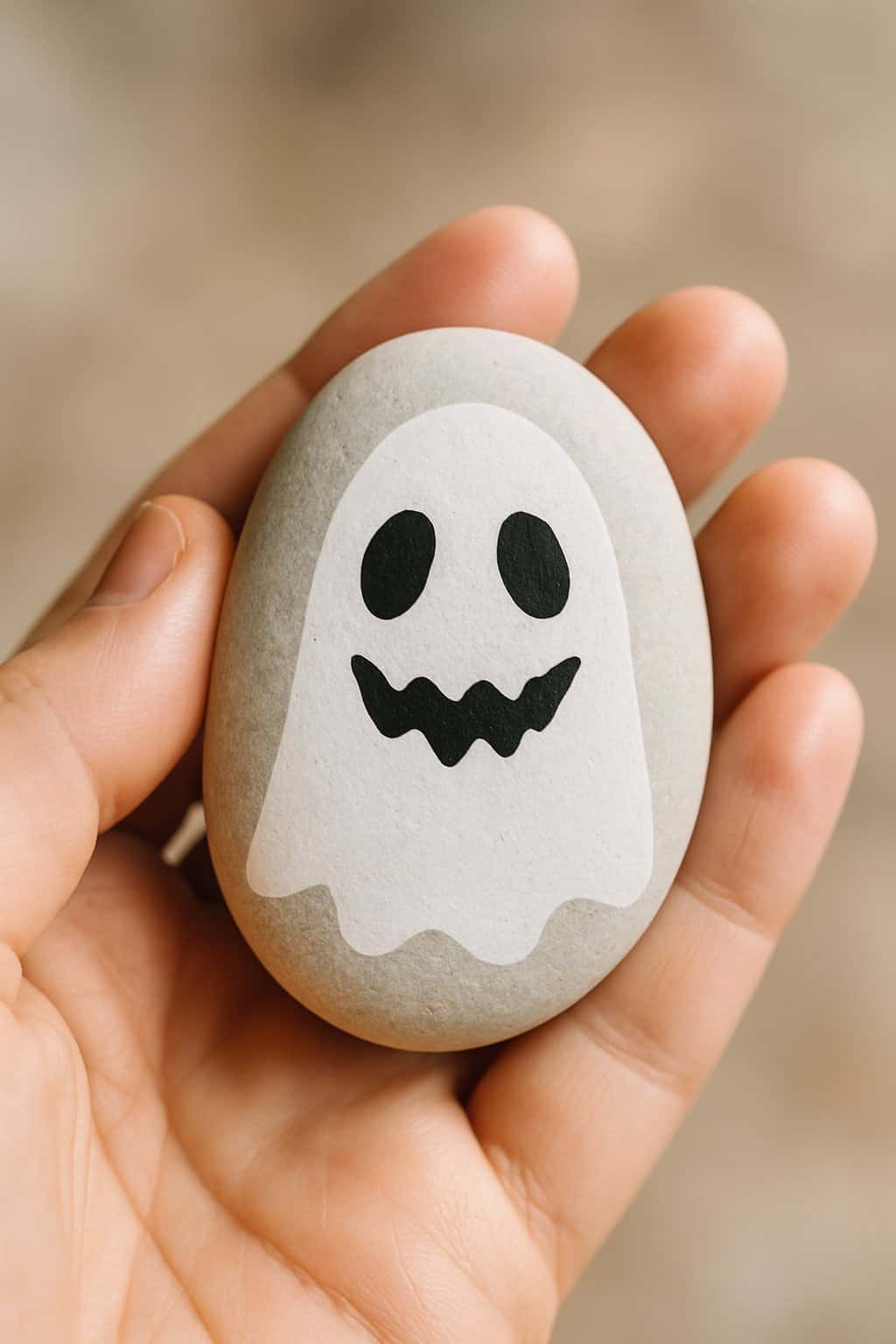 A hand holding a smooth river rock painted with a ghost face resembling a jack-o’-lantern.