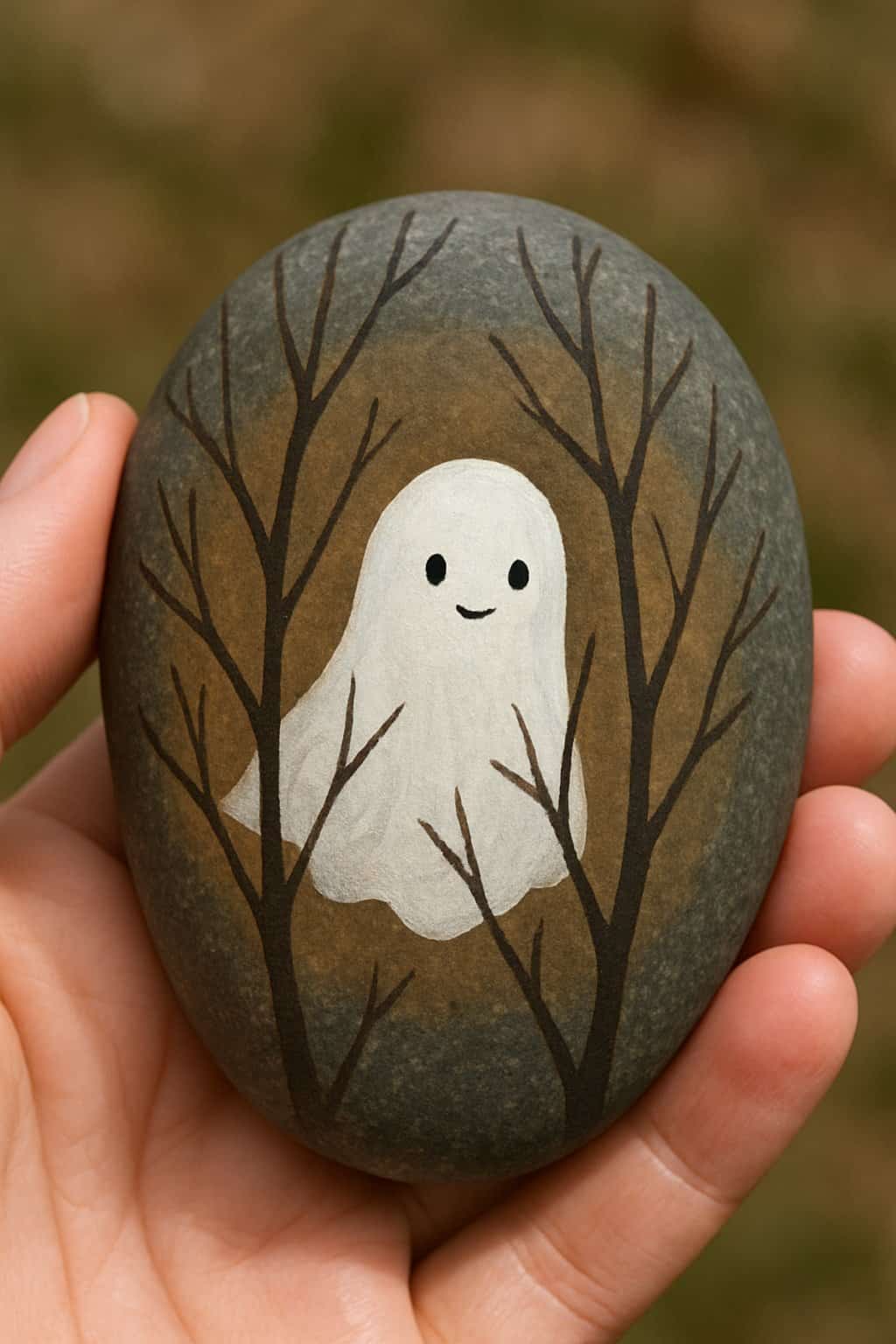 A hand holding a smooth river rock painted with a small ghost peeking through tree branches.