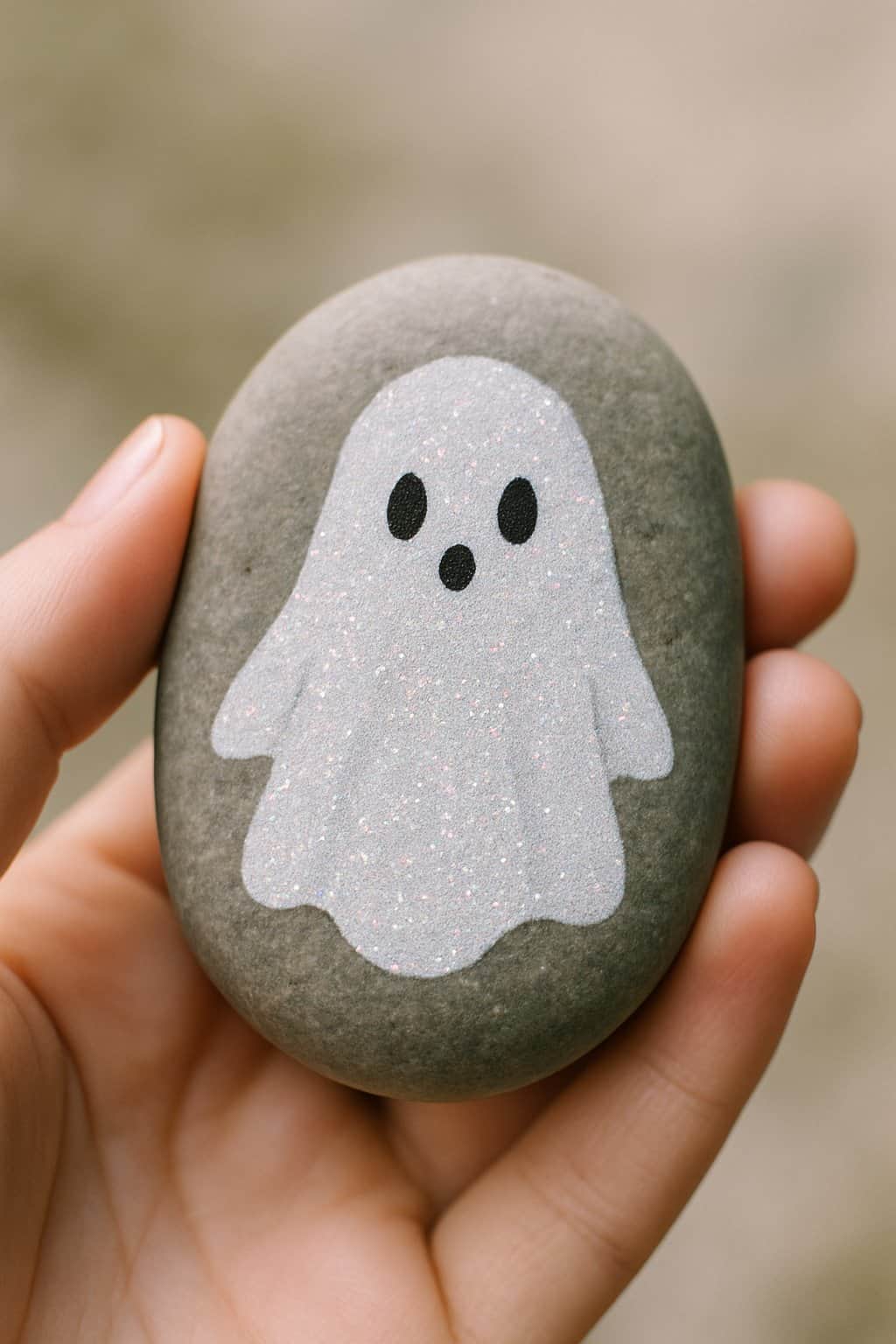 A hand holding a smooth river rock painted with a ghost design covered in glitter.
