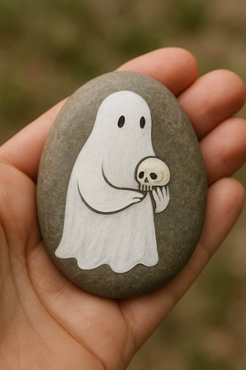 A hand holding a smooth river rock painted with a ghost holding a tiny skull.