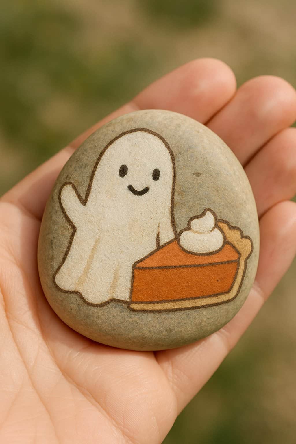 A hand holding a smooth rock painted with a friendly ghost waving next to a pumpkin pie.