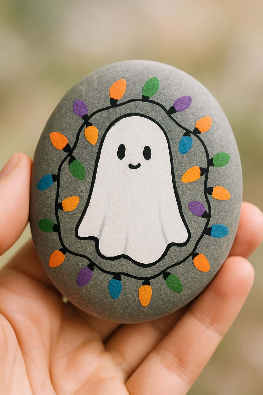 A hand holding a smooth river rock painted with a ghost and colorful Halloween lights.