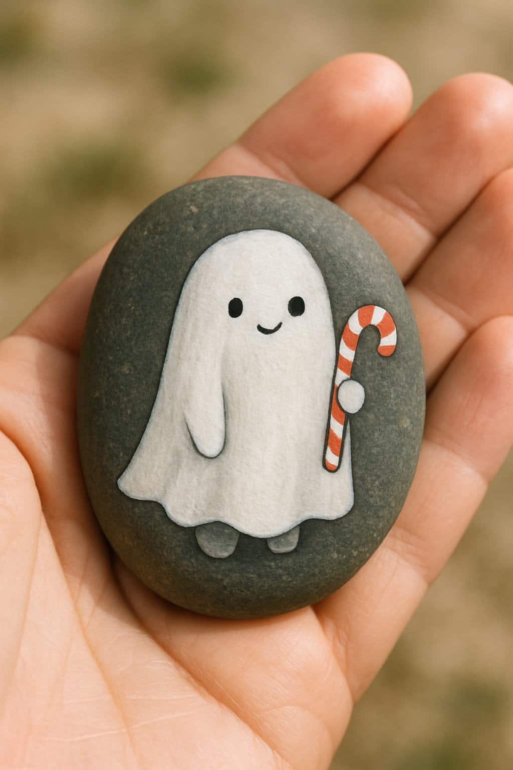 A hand holding a smooth river rock painted with a little ghost holding a candy cane.