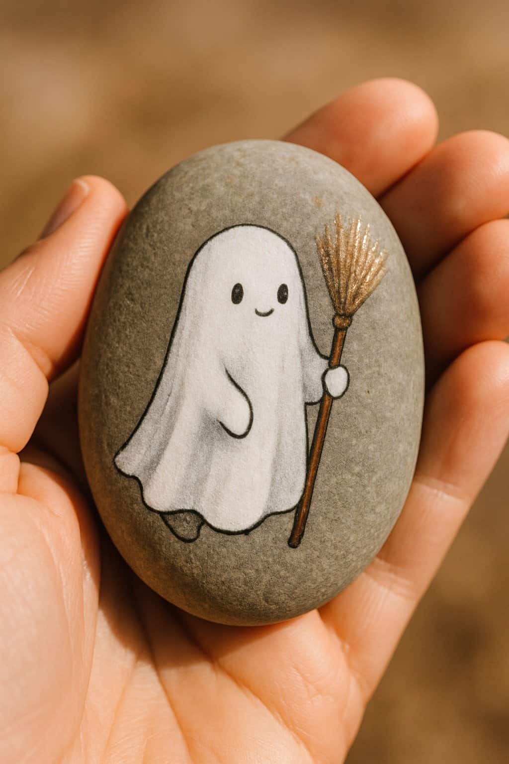 A hand holding a smooth river rock painted with a small ghost holding a sparkly witch's broom.
