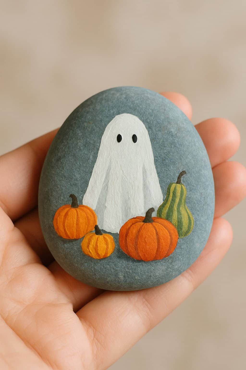 A hand holding a smooth river rock painted with a ghost surrounded by pumpkins and gourds.