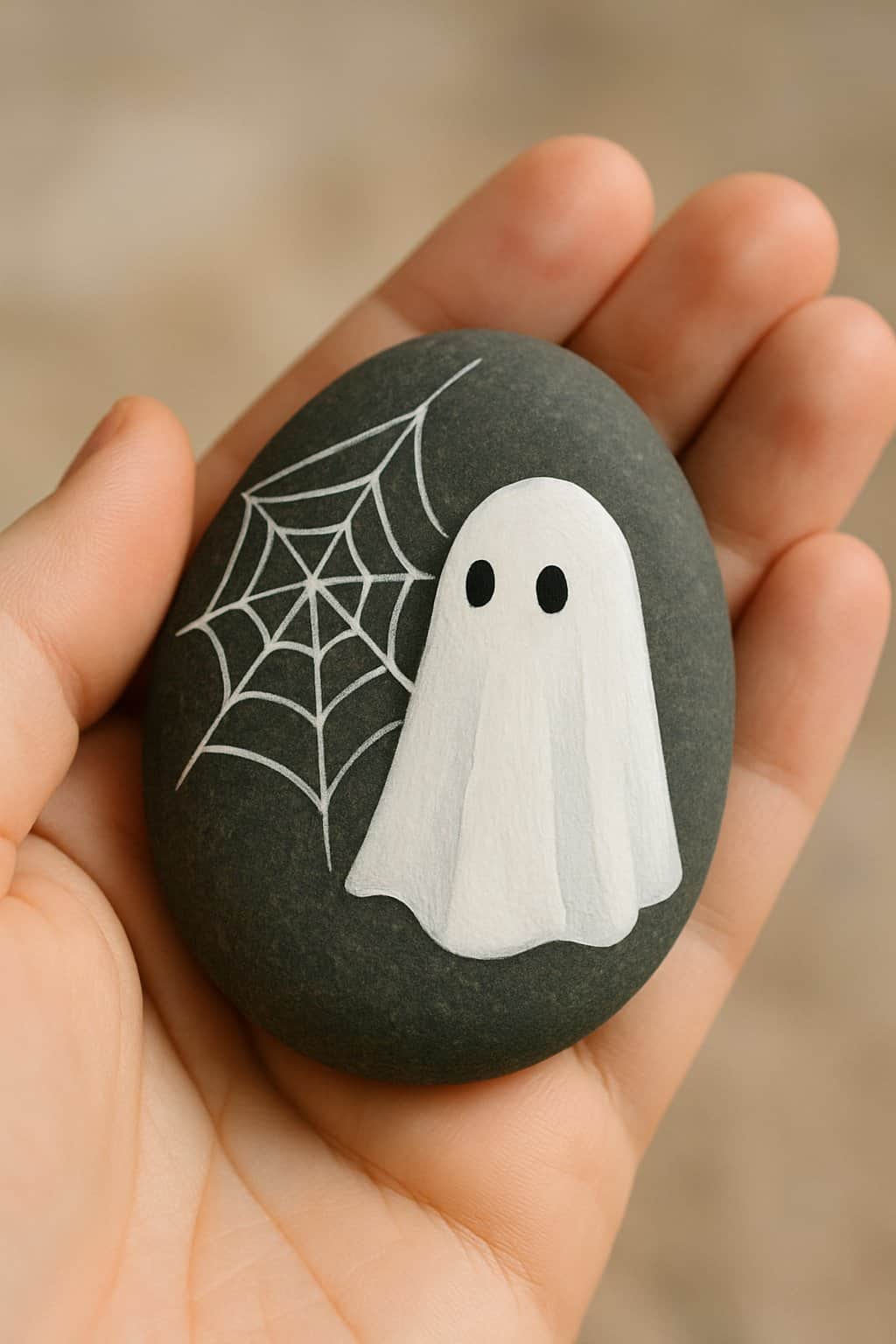Hand holding a smooth river rock painted with a white ghost hiding behind a spider web.