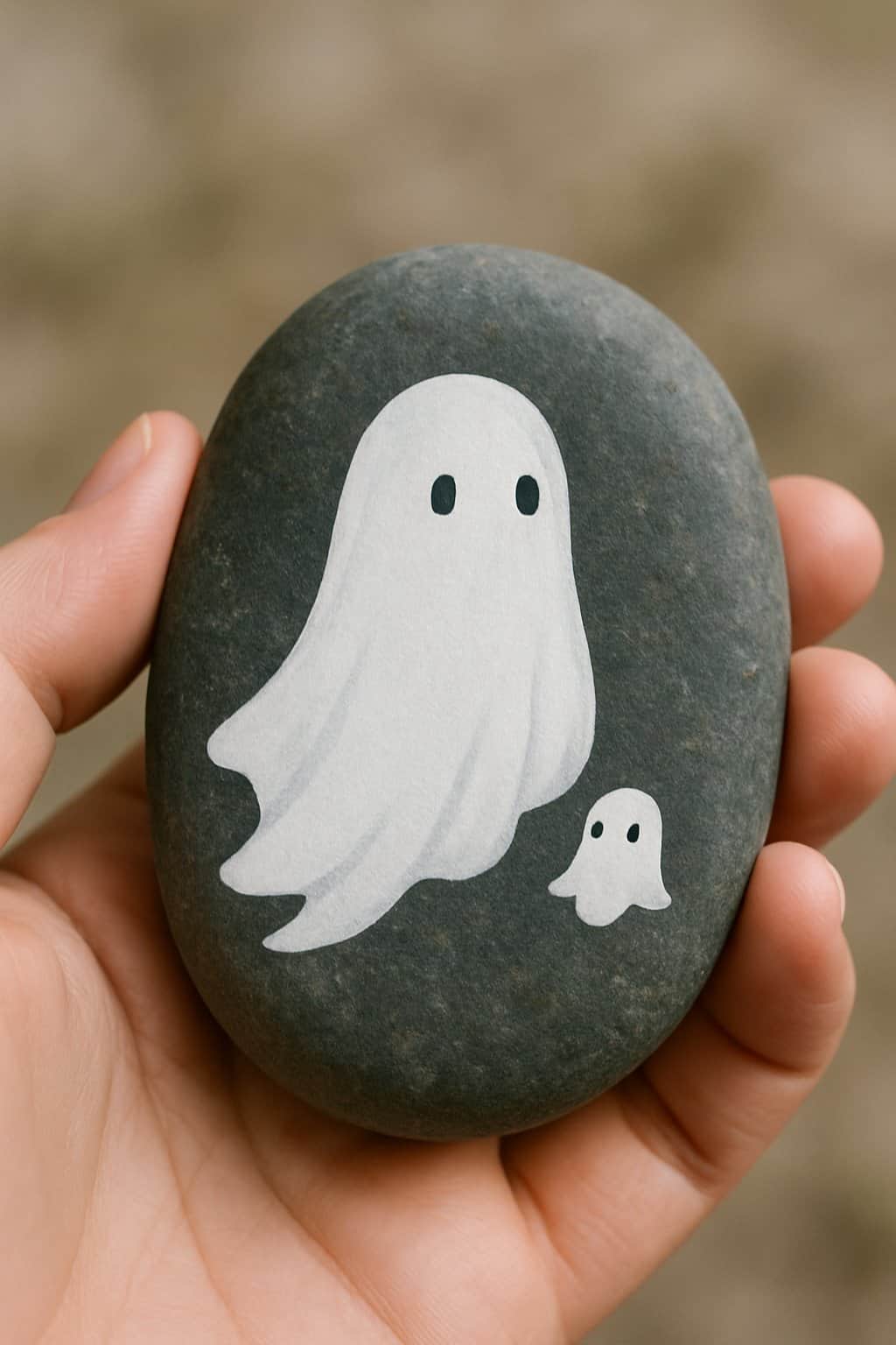 A hand holding a smooth river rock painted with a white ghost and a small ghost pet design.