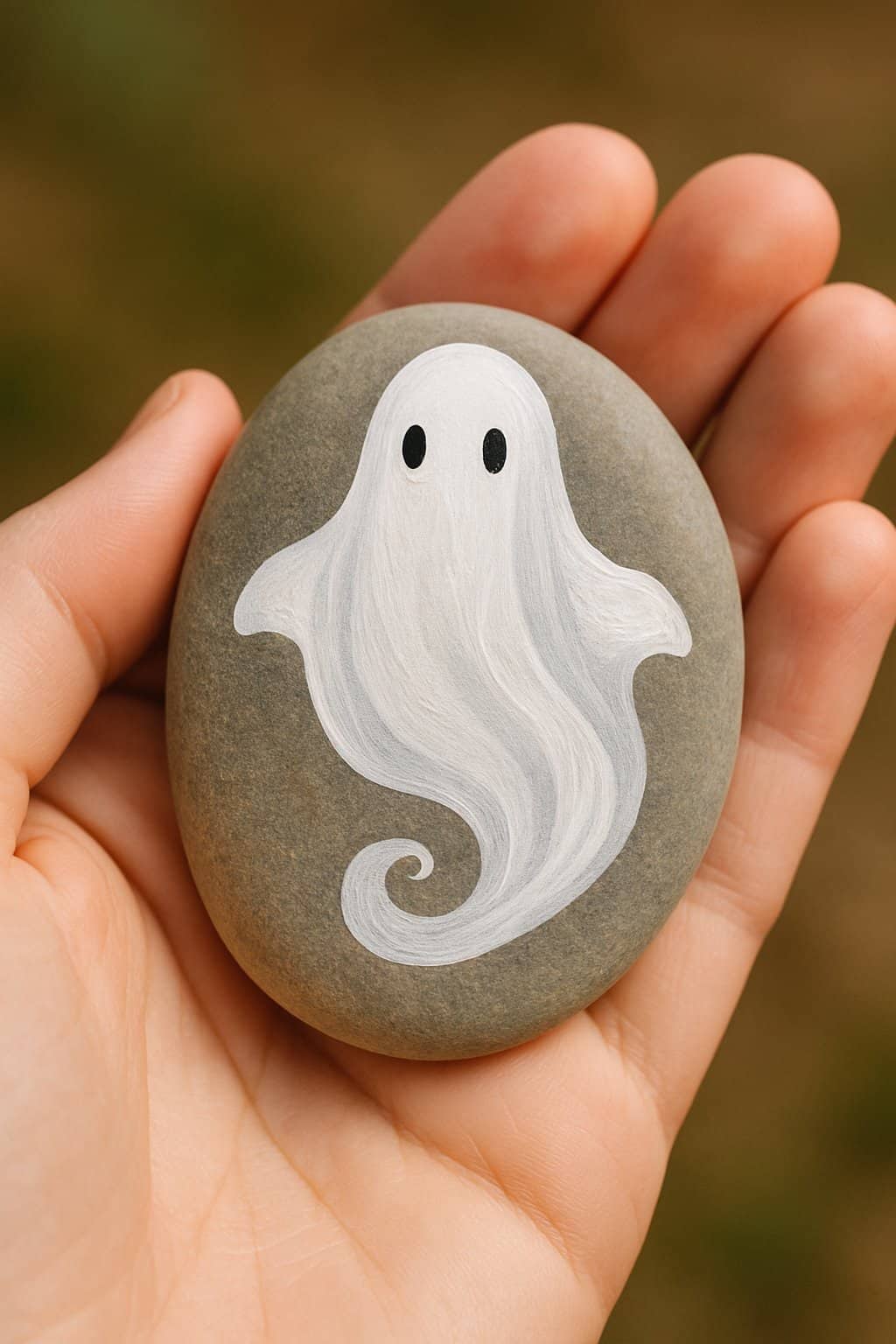 A hand holding a smooth river rock painted with a simple ghost design with swirl patterns.