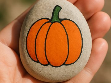 A hand holds a smooth, oval gray stone painted with an orange pumpkin and a green stem against a blurred outdoor background.