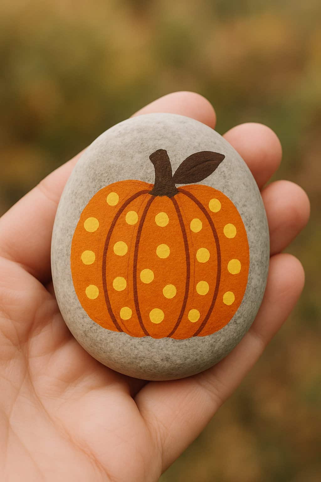 A hand holding a smooth rock painted with a polka dot pumpkin design in fall colors.
