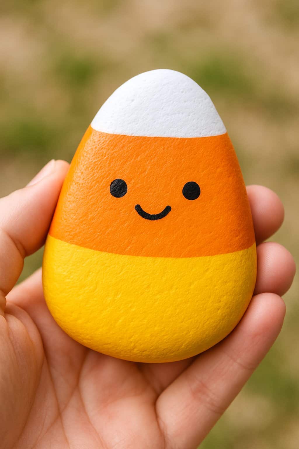 A hand holding a smooth river rock painted like a candy corn with a smiling face.