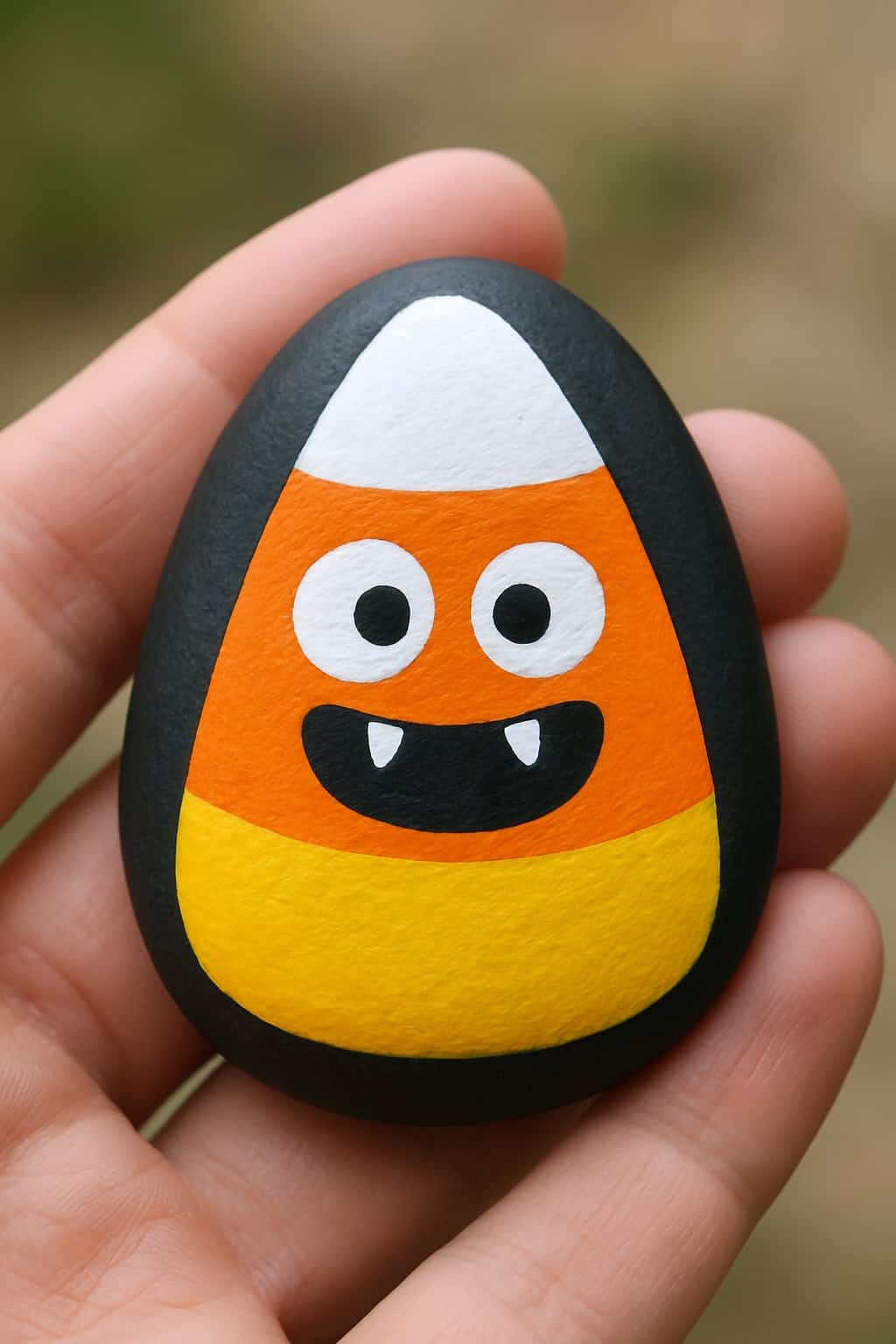 A hand holding a smooth river rock painted with a colorful Halloween candy corn monster design.