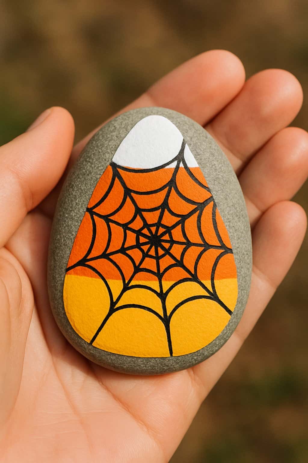 A hand holding a smooth river rock painted with a candy corn design and a black spider web pattern.