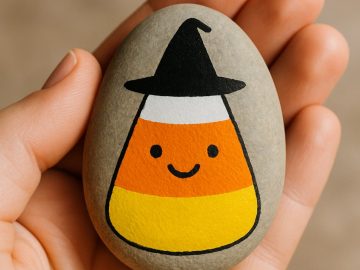 A hand holds a smooth stone painted with a cute candy corn character wearing a black witch hat and a smiling face. The background is blurred.