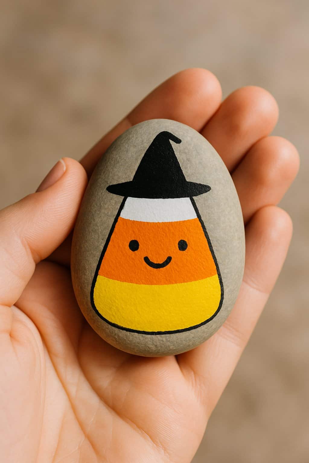A hand holding a smooth painted rock featuring a candy corn design with a small black witch hat.
