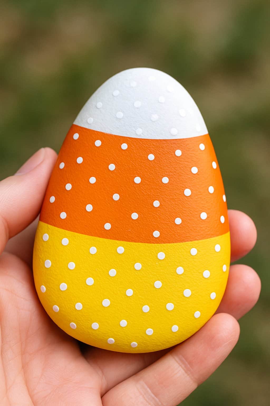 A hand holding a small painted rock with a candy corn design and polka dots.