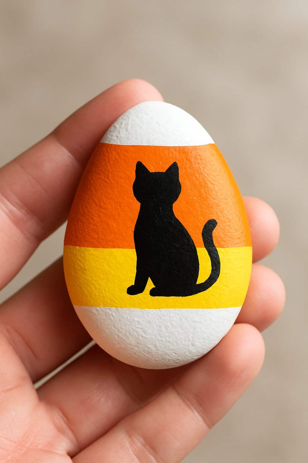 A hand holding a smooth river rock painted with candy corn colors and a black cat silhouette.