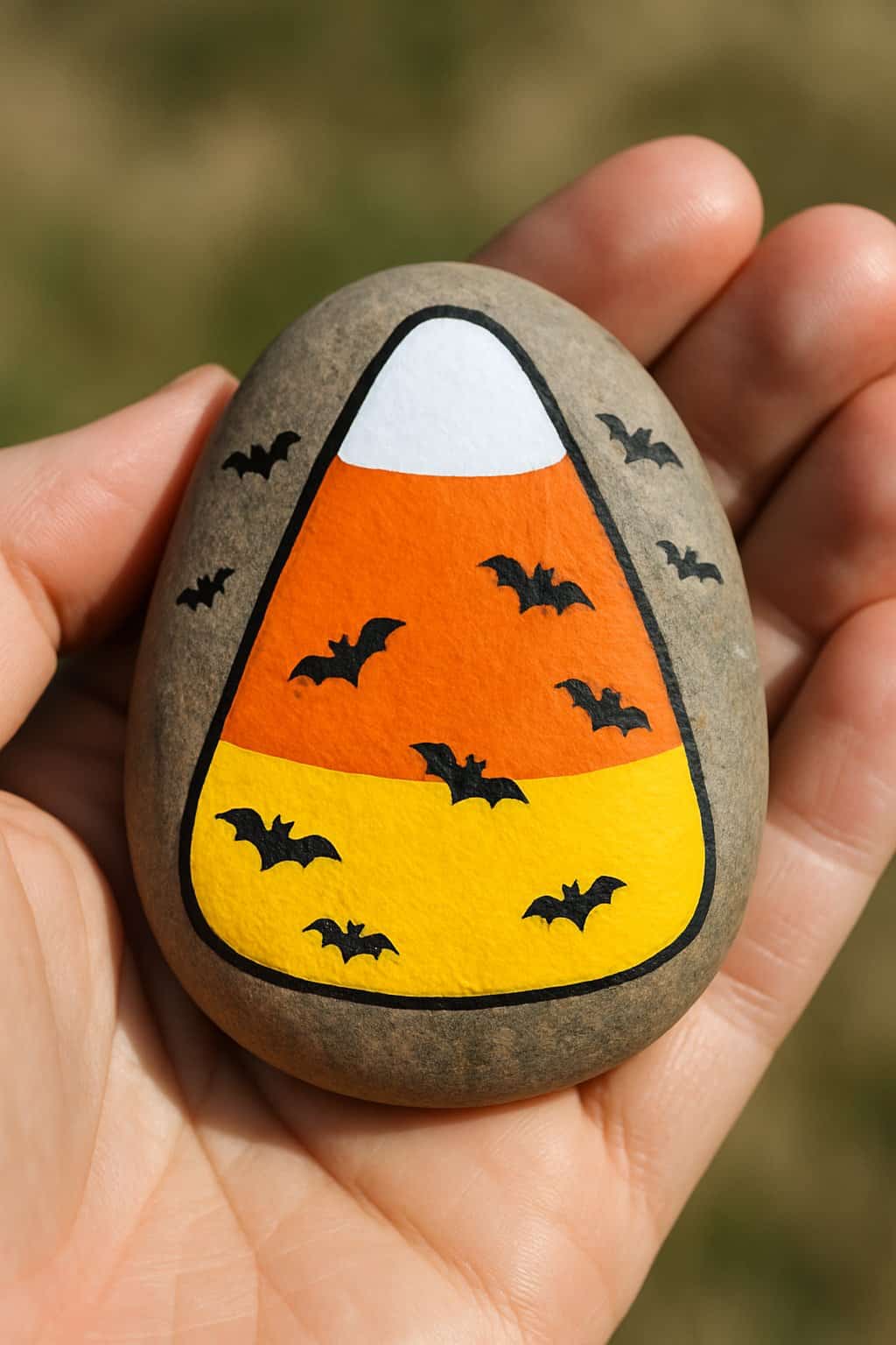 A hand holding a smooth river rock painted with a candy corn design and tiny black bats.