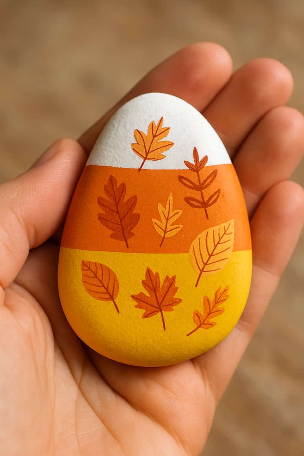 A hand holding a smooth river rock painted with candy corn colors and fall leaf patterns.
