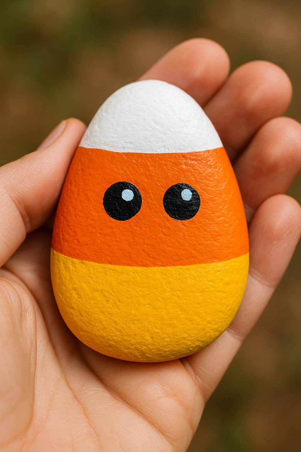 A hand holding a smooth river rock painted with a candy corn design and small monster eyes.