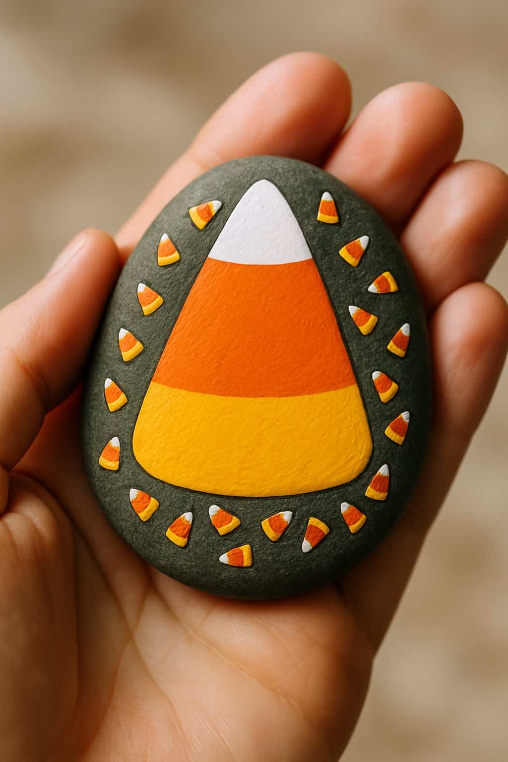A hand holding a smooth river rock painted with a candy corn design and small painted candy pieces.