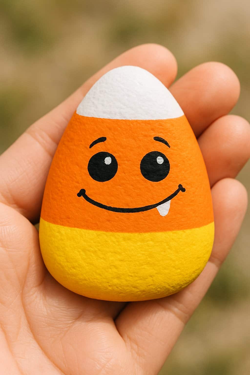 A hand holding a smooth river rock painted with a candy corn design and a smiling monster face.