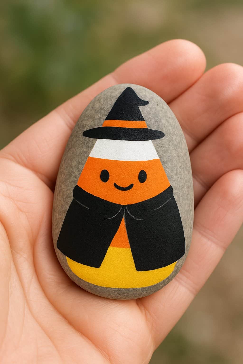 A hand holding a smooth river rock painted as a candy corn character wearing a small witch hat.