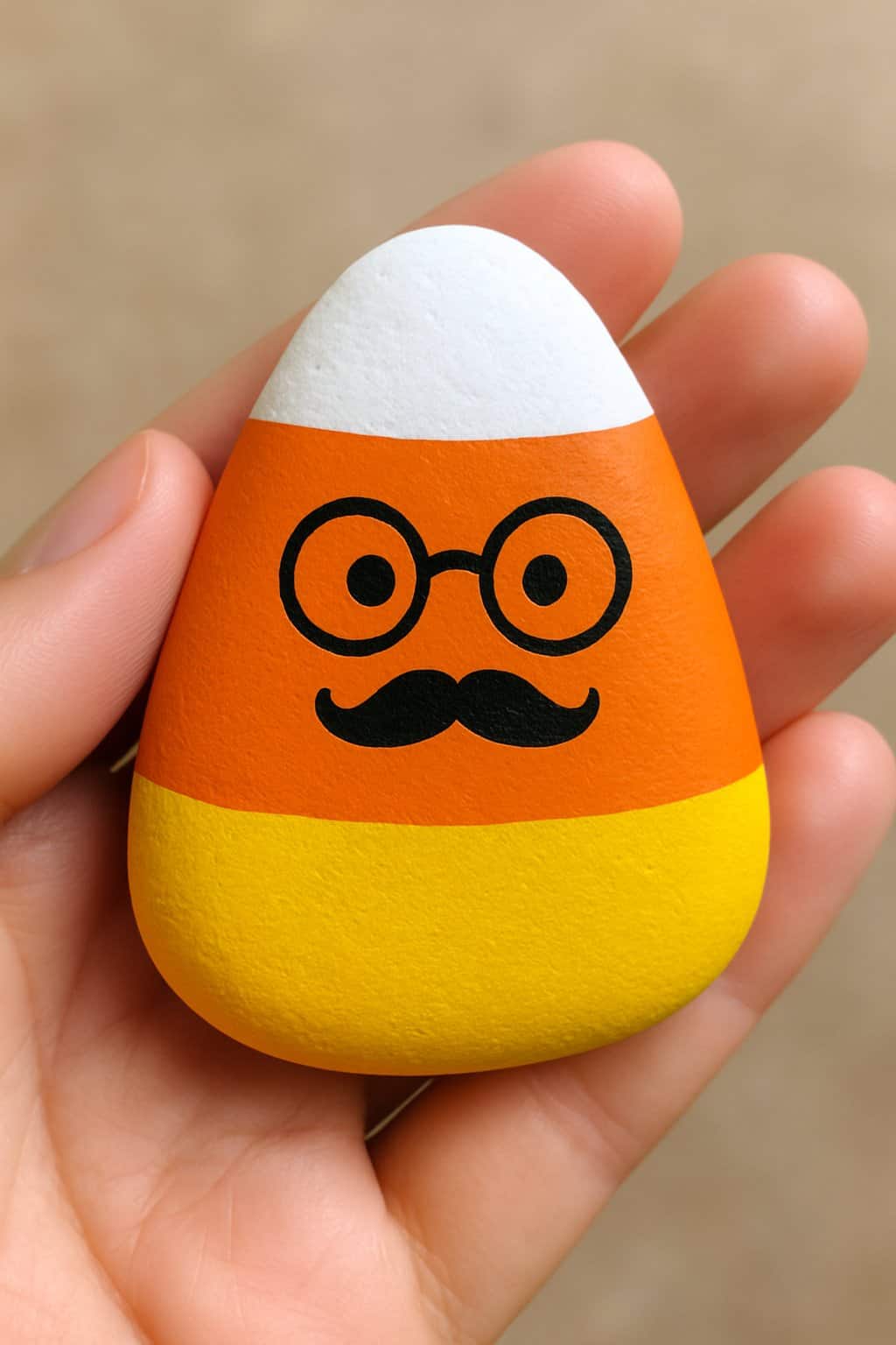 A hand holding a smooth river rock painted like a candy corn with a mustache and glasses.